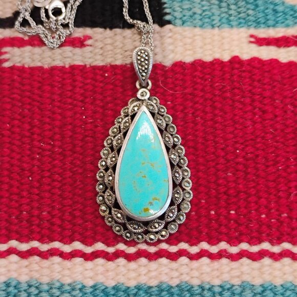 Avery Sterling Silver Teardrop Pear Shaped Turquoise Marcasite Pendant Necklace - Picture 1 of 10